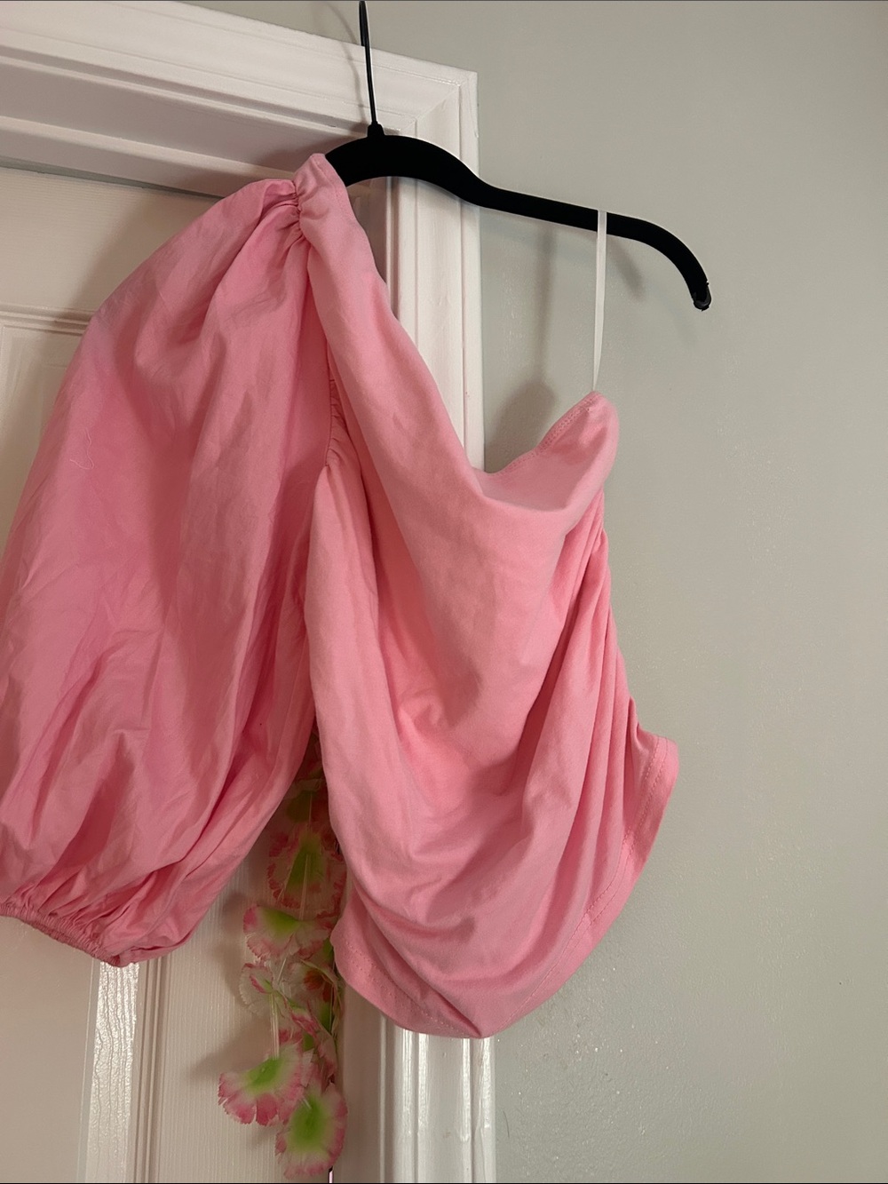 SHEIN Pink One-Shoulder Puff Sleeve Blouse